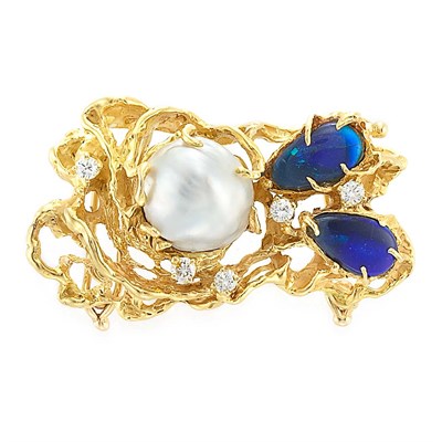 Lot 756 - Gold, Semi-Baroque Cultured Pearl, Black Opal and Diamond Pendant, Arthur King