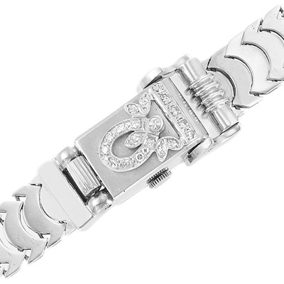 Lot 501 - Retro White Gold and Diamond Bracelet-Watch