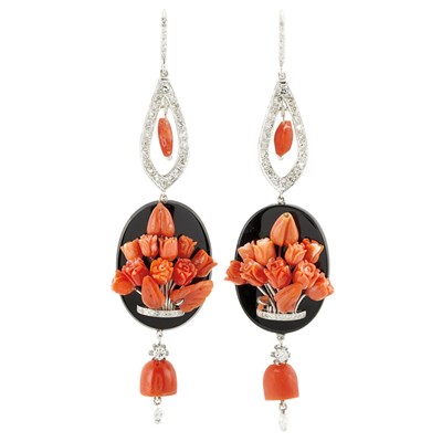 Lot 409 - Pair of White Gold, Diamond, Carved Coral and Black Onyx Pendant-Earrings