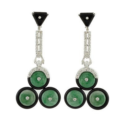 Lot 399 - Pair of White Gold, Diamond, Jade and Black Onyx Pendant-Earrings