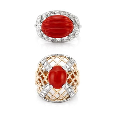 Lot 408 - Two Two-Color Gold, Coral and Diamond Rings