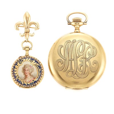 Lot 232 - Gold Hunting Case Pocket Watch, Elgin, and Gold, Enamel and Split Pearl Portrait Miniature Lapel Watch
