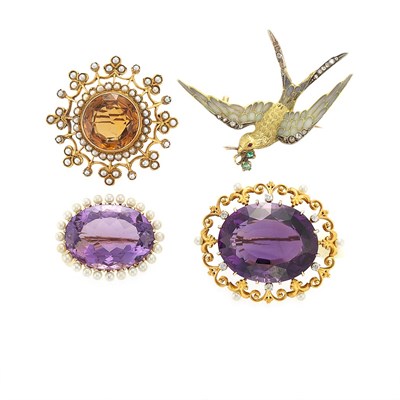 Lot 218 - Three Antique Gold and Gem-Set Pins and Enamel, Diamond and Gem-Set Swallow Pin