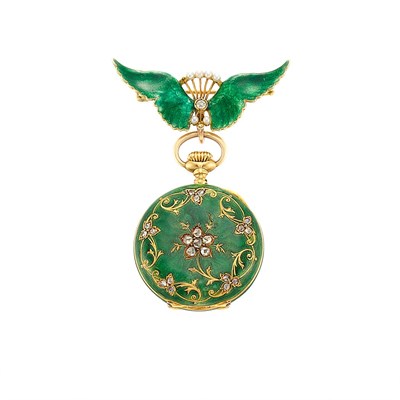 Lot 236 - Antique Gold, Green Guilloche Enamel, Diamond and Seed Pearl Lapel Watch