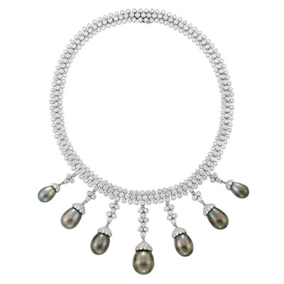 Lot 853 - Platinum, Diamond and Tahitian Black Cultured Pearl Fringe Necklace