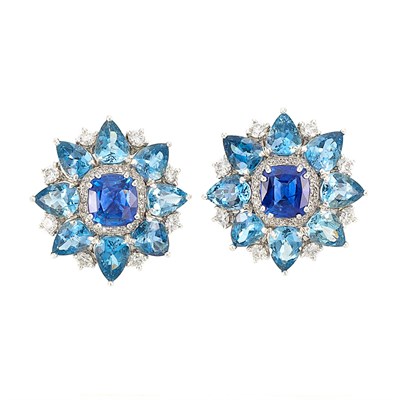 Lot 643 - Pair of Platinum, Sapphire, Aquamarine and Diamond Earrings