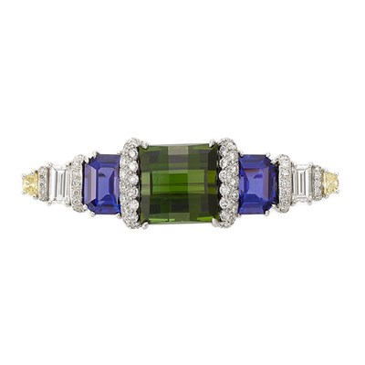 Lot 660 - Platinum, Tourmaline, Tanzanite, Diamond and Fancy Colored Yellow Diamond Brooch