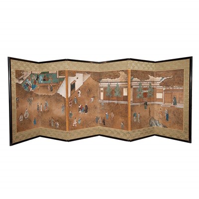 Lot 285 - Japanese Polychrome Painted Paper Six-Panel...