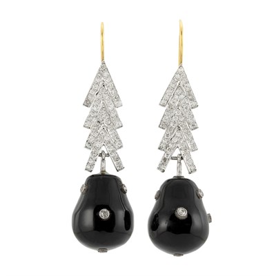 Lot 775 - Pair of White Gold, Diamond and Black Onyx Pendant-Earrings