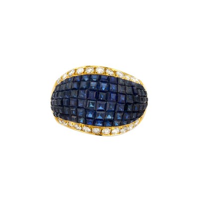 Lot 535 - Gold, Invisibly-Set Sapphire and Diamond Bombe Ring