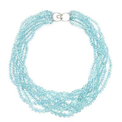 Lot 452 - Seven Strand Aquamarine Bead Torsade Necklace with White Gold Hook Clasp