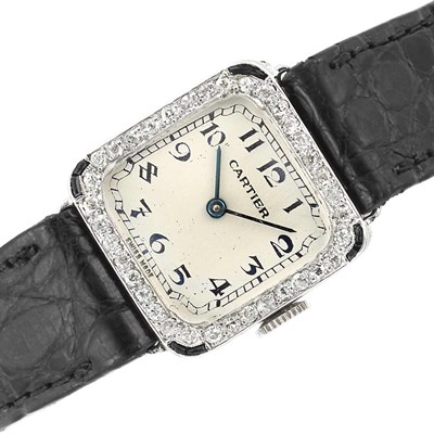 Lot 401 - Art Deco Platinum, Diamond and Black Onyx Wristwatch, Cartier