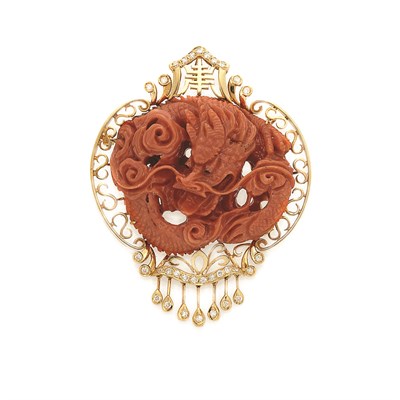 Lot 358 - Gold, Carved Coral and Diamond Fringe Pendant-Brooch