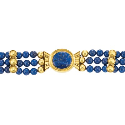 Lot 755 - Triple Strand Gold, Lapis Bead and Lapis Intaglio Choker Necklace, Luna Felix
