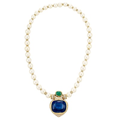 Lot 740 - Cultured Pearl, Gold, Diamond, Cabochon Emerald and Synthetic Sapphire Necklace