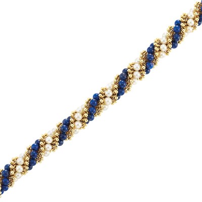 Lot 807 - Gold, Lapis Bead and Cultured Pearl 'Twist' Bracelet, Van Cleef & Arpels, France