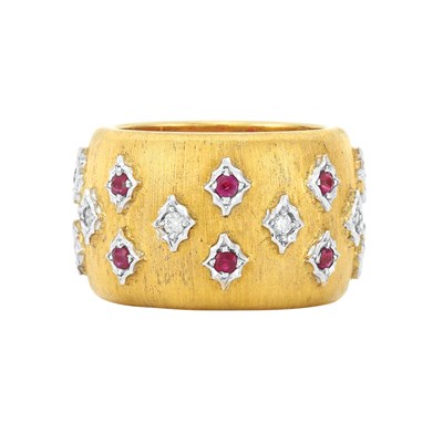 Lot 828 - Wide Two-Color Gold, Diamond and Ruby Band Ring, Mario Buccellati