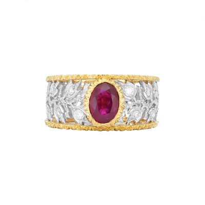 Lot 834 - Two-Color Gold, Ruby and Diamond Band Ring, Mario Buccellati