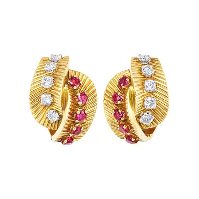 Lot 806 - Pair of Gold, Ruby and Diamond Earclips, Van Cleef & Arpels, France