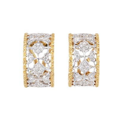 Lot 832 - Pair of Two-Color Gold and Diamond Hoop Earclips, Mario Buccellati