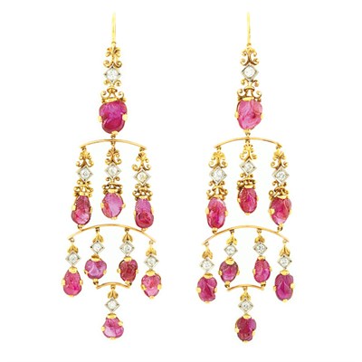 Lot 566 - Pair of Gold, Platinum, Carved Ruby and Diamond Fringe Earrings