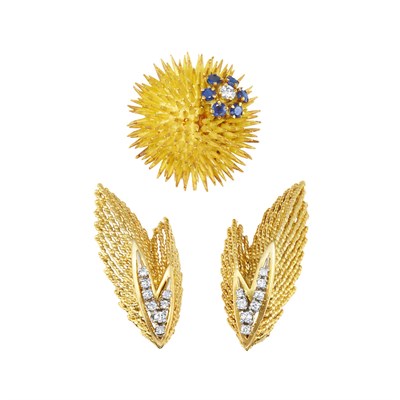 Lot 34 - Gold, Diamond and Sapphire Sea Urchin Clip-Brooch, Tiffany & Co., and Pair of Gold and Diamond Earclips