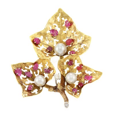Lot 565 - Gold, Cultured Pearl, Carved Ruby and Diamond Leaf Clip-Brooch