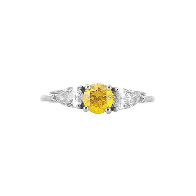 Lot 651 - Platinum, Fancy Vivid Orangy Yellow Diamond and Diamond Ring