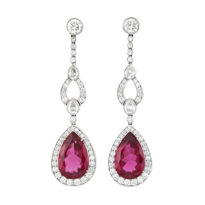 Lot 860 - Pair of White Gold, Diamond and Rubellite Pendant-Earrings