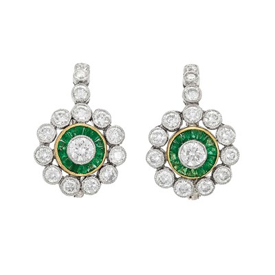 Lot 254 - Pair of Platinum, Gold, Diamond and Emerald Earrings