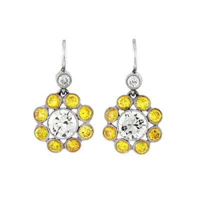 Lot 650 - Pair of Diamond and Fancy Colored Yellow Diamond Earrings