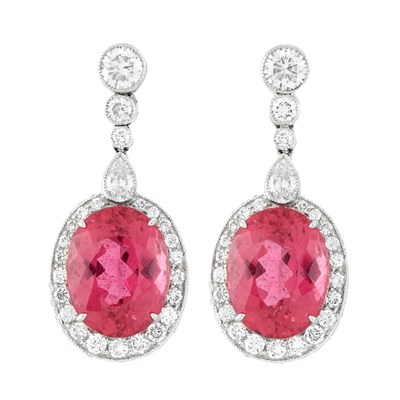 Lot 615 - Pair of White Gold, Pink Tourmaline and Diamond Pendant-Earrings
