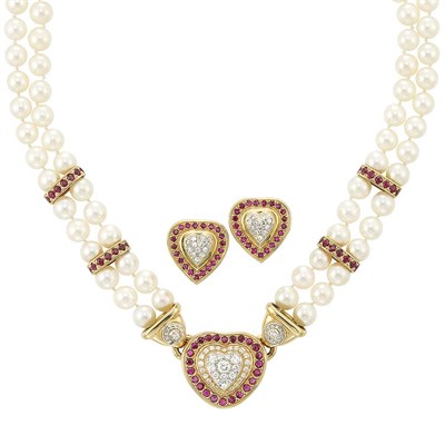 Lot 415 - Double Strand Cultured Pearl, Two-Color Gold, Ruby and Diamond Heart Necklace and Pair of Earrings