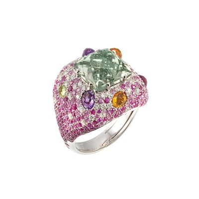 Lot 478 - White Gold, Green Quartz, Gem-Set and Diamond Ring