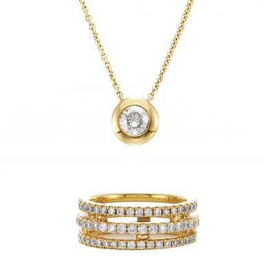 Lot 563 - Gold and Diamond Pendant with Gold Chain Necklace and Gold and Diamond Three Row Ring
