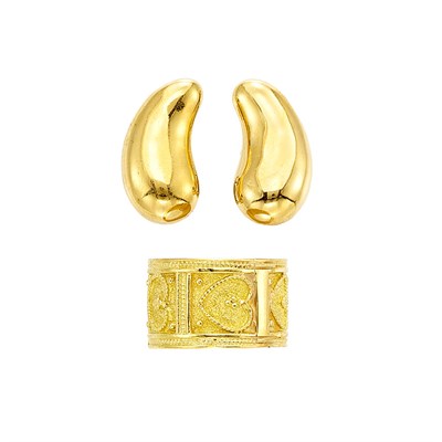 Lot 375 - Pair of Gold 'Teardrop' Earrings, Tiffany & Co., Elsa Peretti, and Wide Gold Band Ring