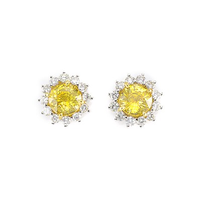 Lot 656 - Pair of Platinum, Yellow Sapphire and Diamond Earrings