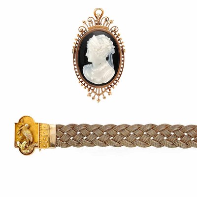 Lot 111 - Antique Braided Gold Mesh Bracelet with Tricolor Gold Clasp and Rose Gold and Hardstone Cameo Pendant-Brooch