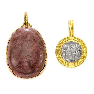Lot 373 - Gold and Rhodonite 'Leo' Pendant, Mario Buccellati, and Gold and Silver Coin Pendant, Elizabeth Locke