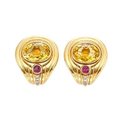 Lot 367 - Pair of Gold Citrine, Ruby and Diamond Earrings