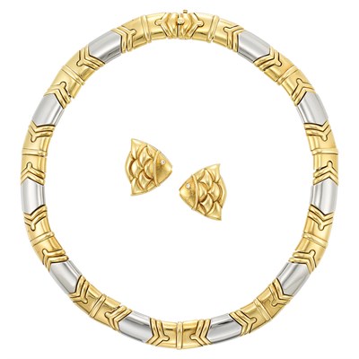 Lot 843 - Two-Color Gold Necklace and Pair of Gold and Diamond Fish Earclips, Bulgari