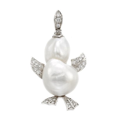 Lot 490 - White Gold, Diamond and Baroque Cultured Pearl Duck Pendant-Brooch