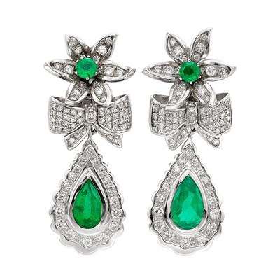 Lot 397 - Pair of White Gold, Emerald, Emerald Doublet and Diamond Pendant-Earrings