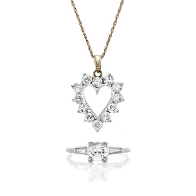 Lot 441 - White Gold and Diamond Heart Pendant with Chain and Diamond Ring
