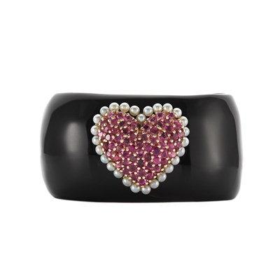 Lot 618 - Black Onyx, Gold, Ruby and Cultured Pearl Cuff Bangle Bracelet