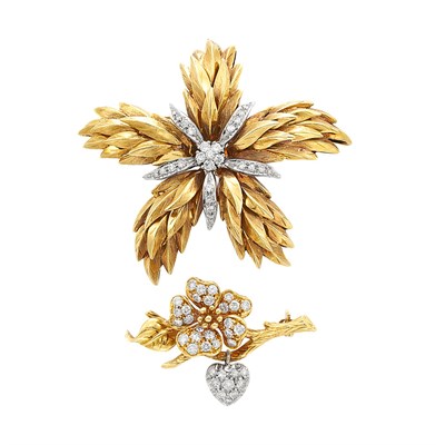 Lot 553 - Two Gold and Diamond Flower Brooches, Tiffany & Co.