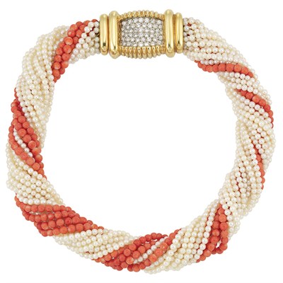 Lot 298 - Seventeen Strand Cultured Pearl and Coral Bead Torsade Necklace with Gold and Diamond Clasp