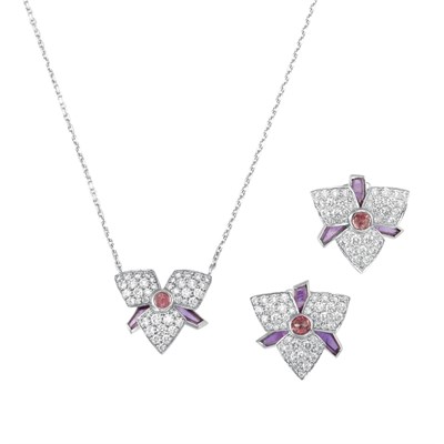 Lot 458 - Pair of White Gold, Pink Tourmaline and Amethyst Flower Earrings and Pendant-Necklace, Cartier, France