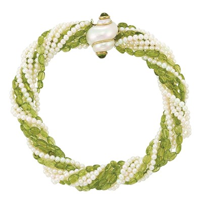Lot 595 - Multistrand Tumbled Peridot Bead and Freshwater Pearl Torsade Necklace with Gold, Shell and Cabochon Peridot Clasp