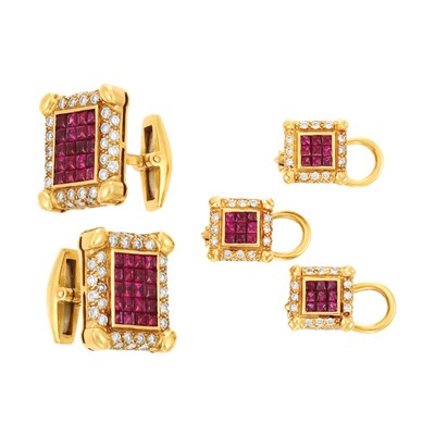 Lot 548 - Gold, Invisibly-Set Ruby and Diamond Dress Set